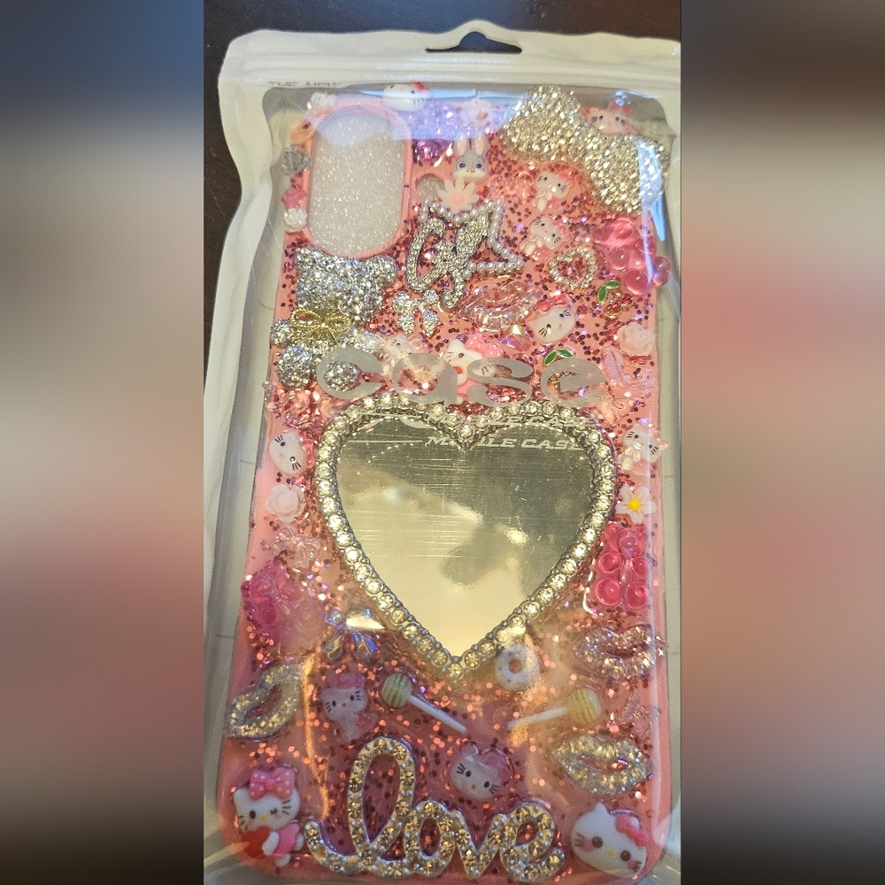 Pink Glitter Phone Case with Heart Mirror